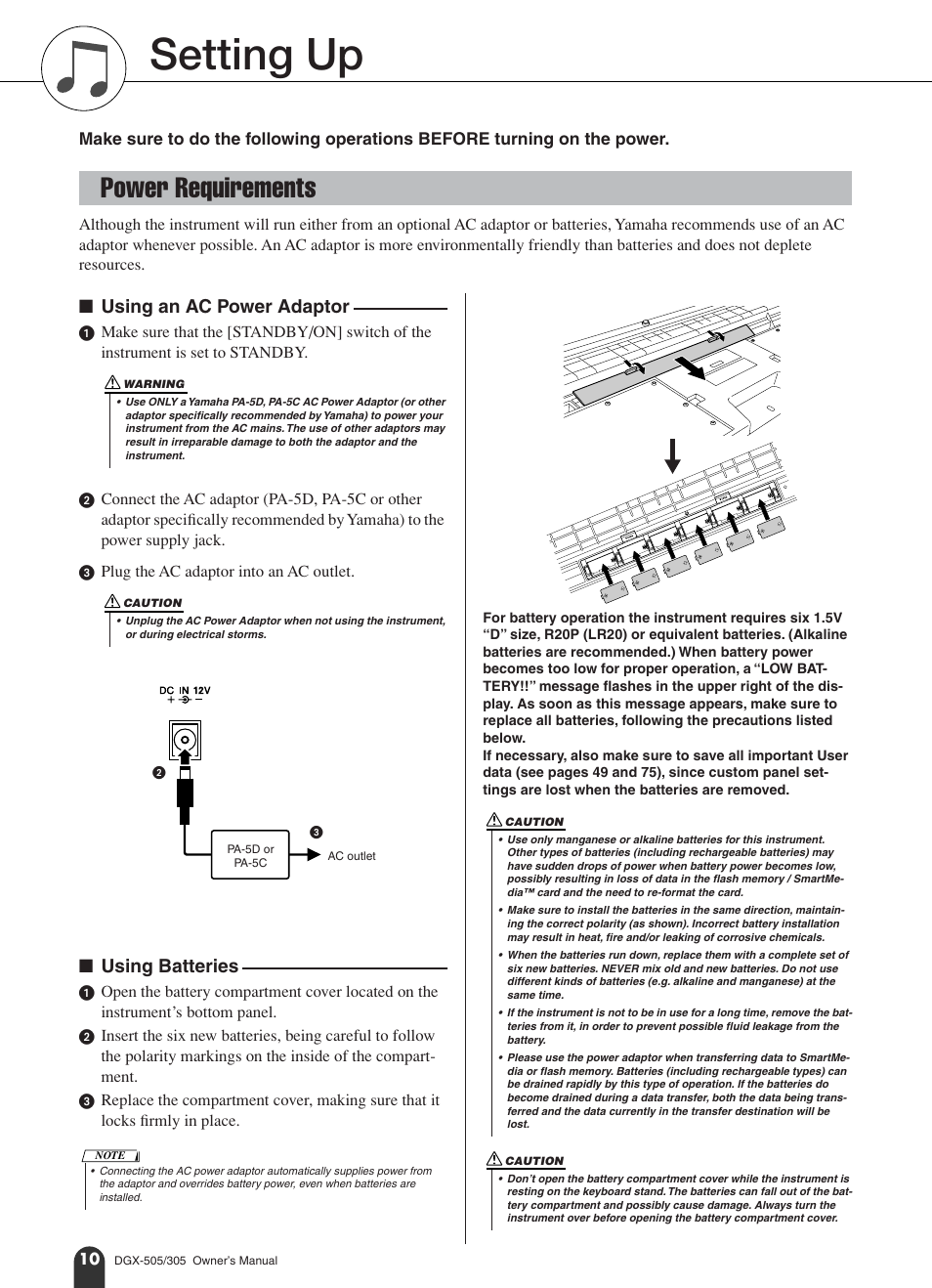 Setting up, Power requirements, Using an ac power adaptor | Using batteries | Yamaha DGX-305 User Manual | Page 10 / 112