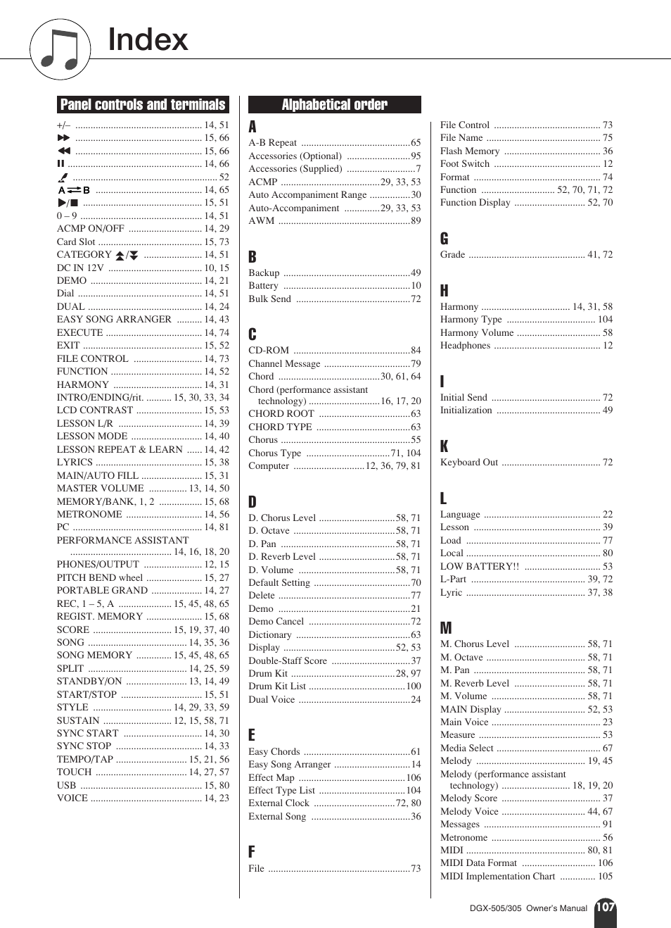 Index, Panel controls and terminals alphabetical order | Yamaha DGX-305 User Manual | Page 107 / 112