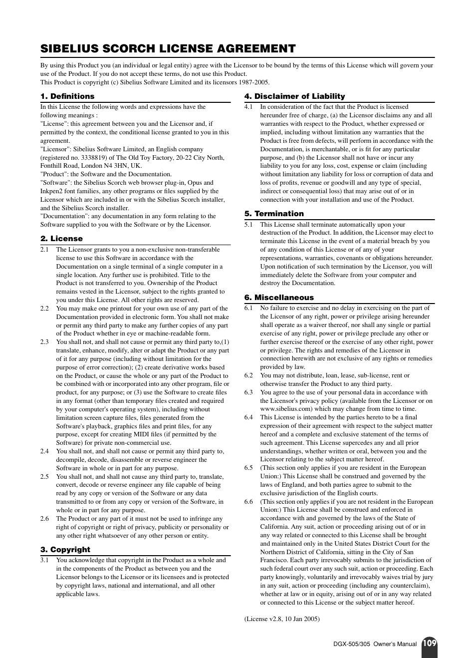 Sibelius scorch license agreement | Yamaha DGX-305 User Manual | Page 109 / 112