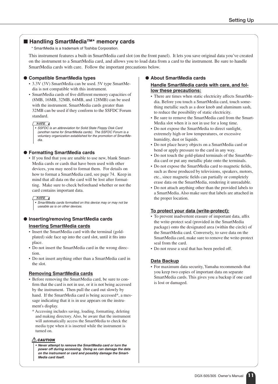 Handling smartmedia™ memory cards | Yamaha DGX-305 User Manual | Page 11 / 112