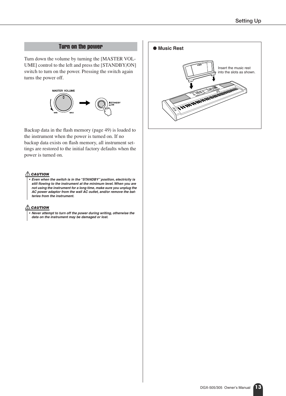 Turn on the power | Yamaha DGX-305 User Manual | Page 13 / 112