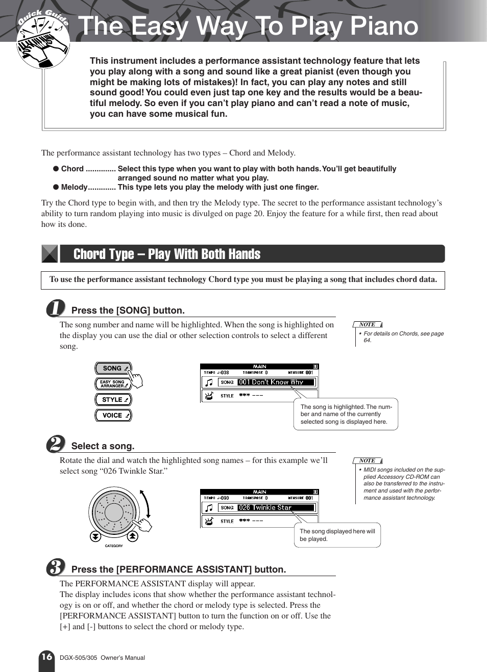 Quick guide, The easy way to play piano, Chord type - play with both hands | Chord type – play with both hands | Yamaha DGX-305 User Manual | Page 16 / 112