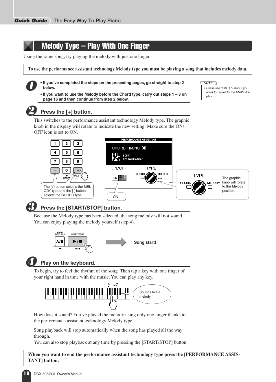 Melody type - play with one finger, Melody type – play with one finger | Yamaha DGX-305 User Manual | Page 18 / 112