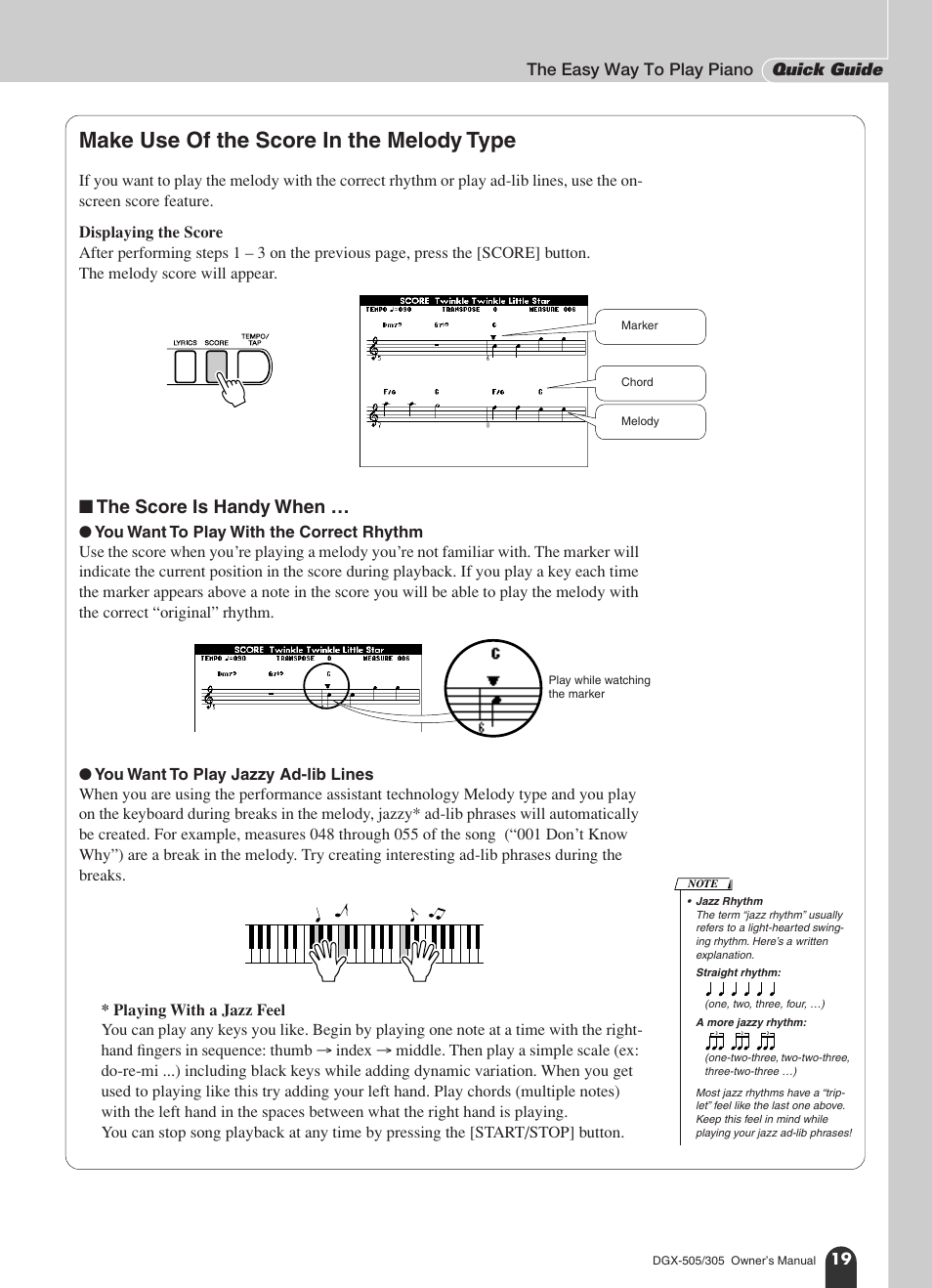 Make use of the score in the melody type, The score is handy when | Yamaha DGX-305 User Manual | Page 19 / 112