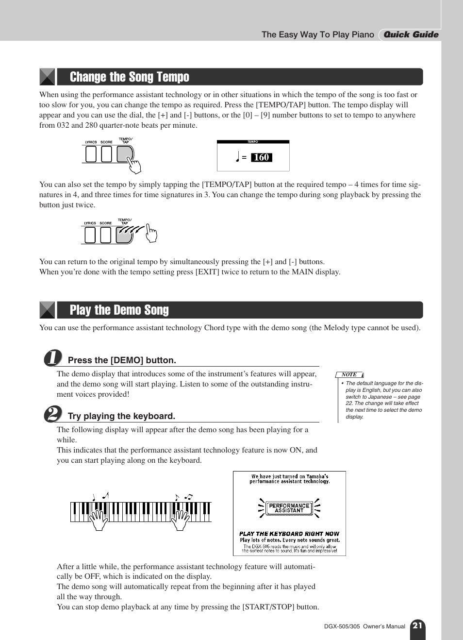 Change the song tempo, Play the demo song, Change the song tempo play the demo song | Yamaha DGX-305 User Manual | Page 21 / 112