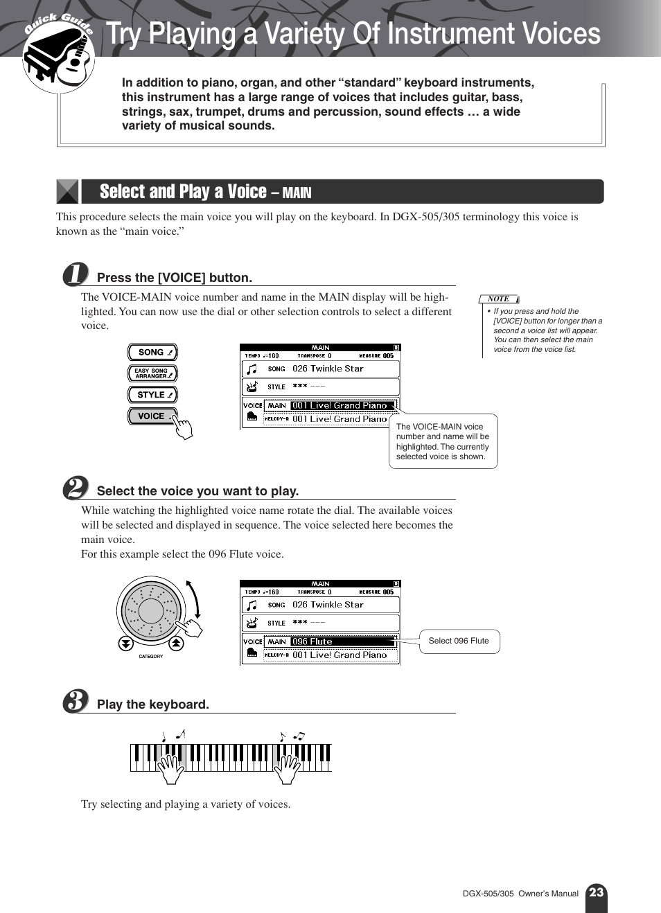 Try playing a variety of instrument voices, Select and play a voice - main, Select and play a voice – main | Select and play a voice | Yamaha DGX-305 User Manual | Page 23 / 112