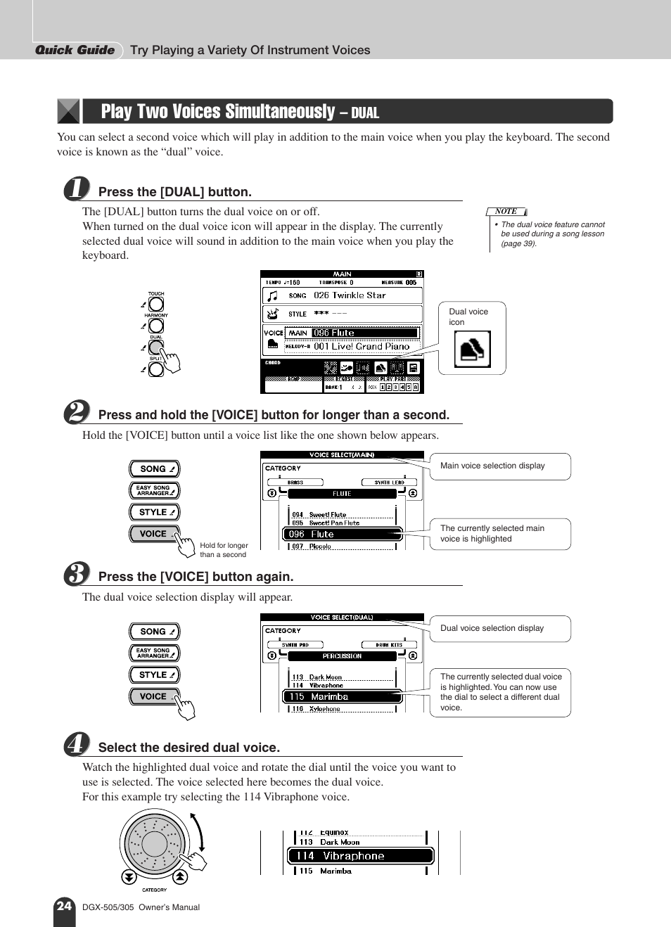 Play two voices simultaneously - dual, Play two voices simultaneously – dual, Play two voices simultaneously | Dual | Yamaha DGX-305 User Manual | Page 24 / 112