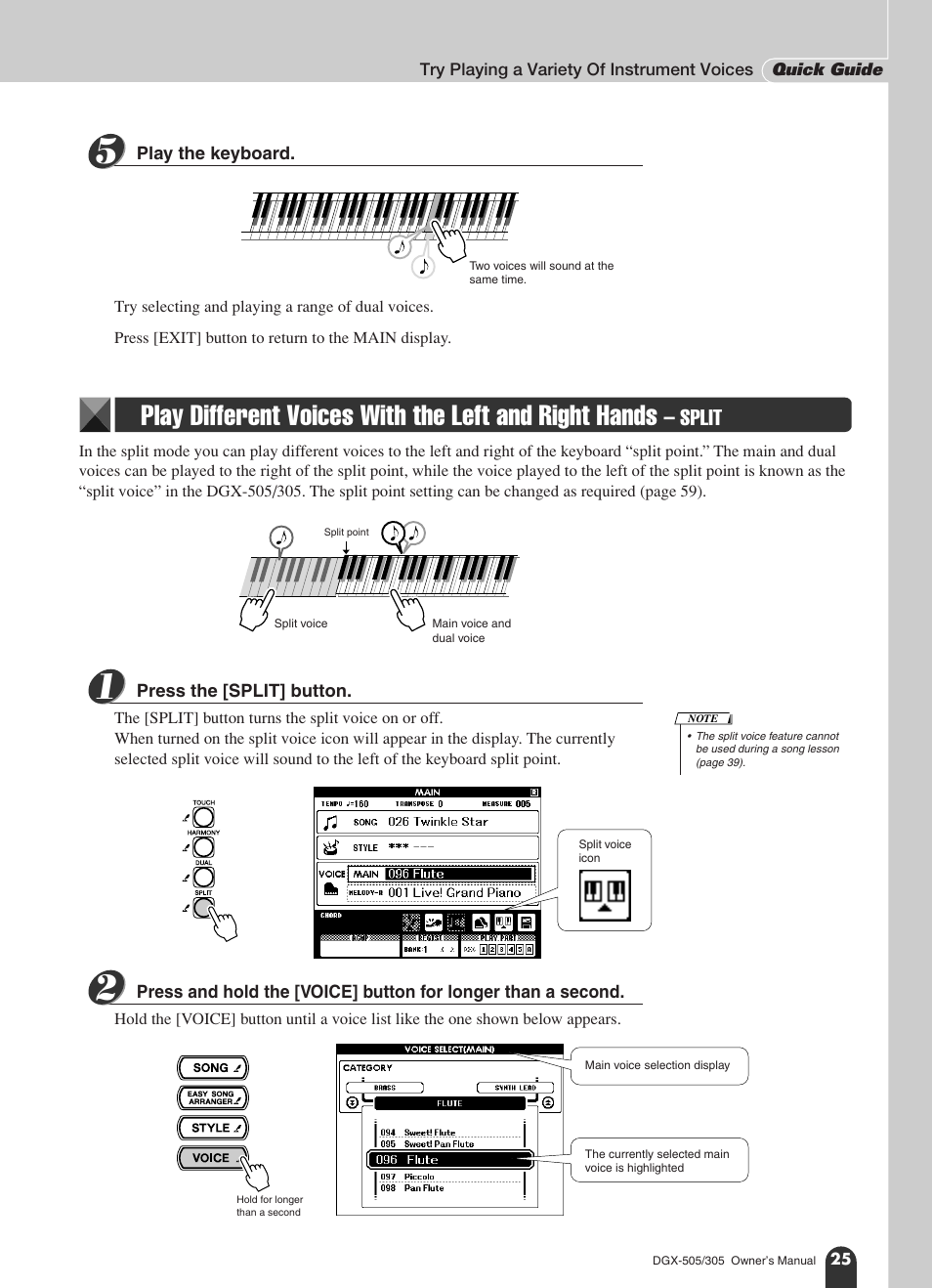 Split | Yamaha DGX-305 User Manual | Page 25 / 112