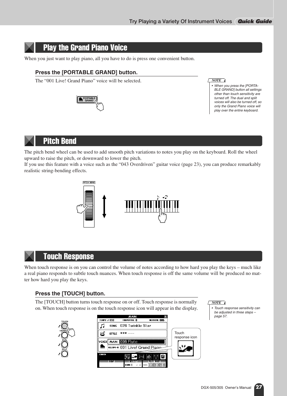 Play the grand piano voice, Pitch bend, Touch response | Pitch bend touch response | Yamaha DGX-305 User Manual | Page 27 / 112