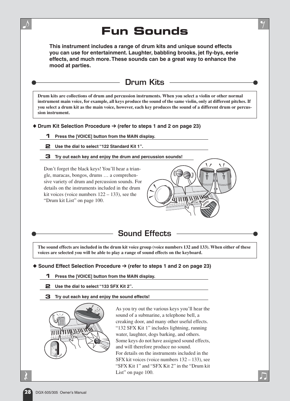 Fun sounds, Drum kits, Sound effects | Drum kits sound effects | Yamaha DGX-305 User Manual | Page 28 / 112