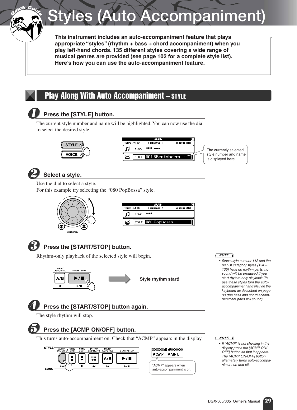 Styles (auto accompaniment), Play along with auto accompaniment - style, Play along with auto accompaniment – style | Play along with auto accompaniment | Yamaha DGX-305 User Manual | Page 29 / 112