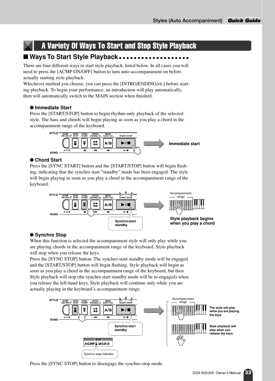 A variety of ways to start and stop style playback, Ways to start style playback | Yamaha DGX-305 User Manual | Page 33 / 112