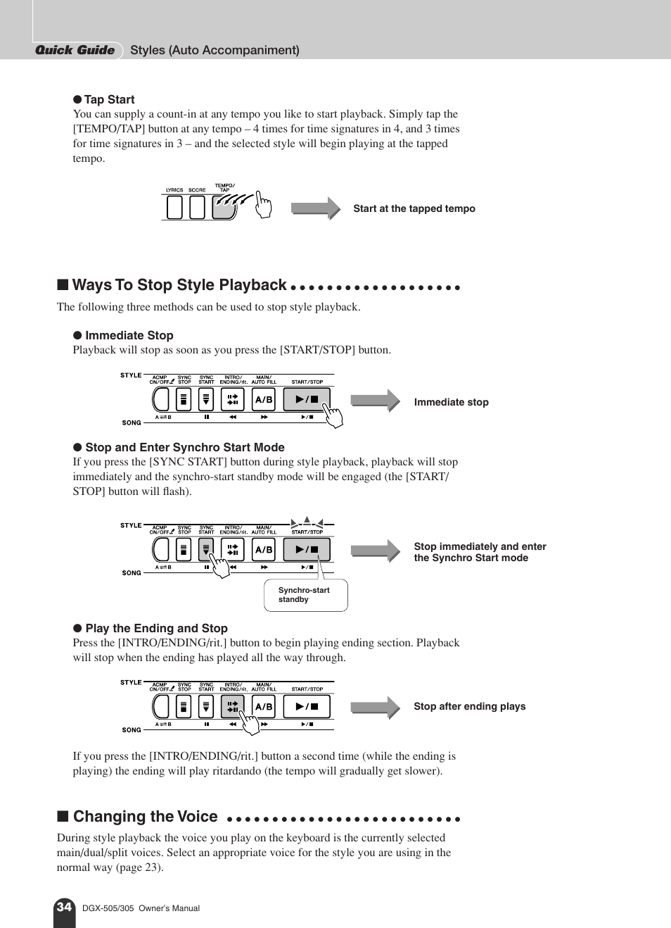 Ways to stop style playback, Changing the voice | Yamaha DGX-305 User Manual | Page 34 / 112