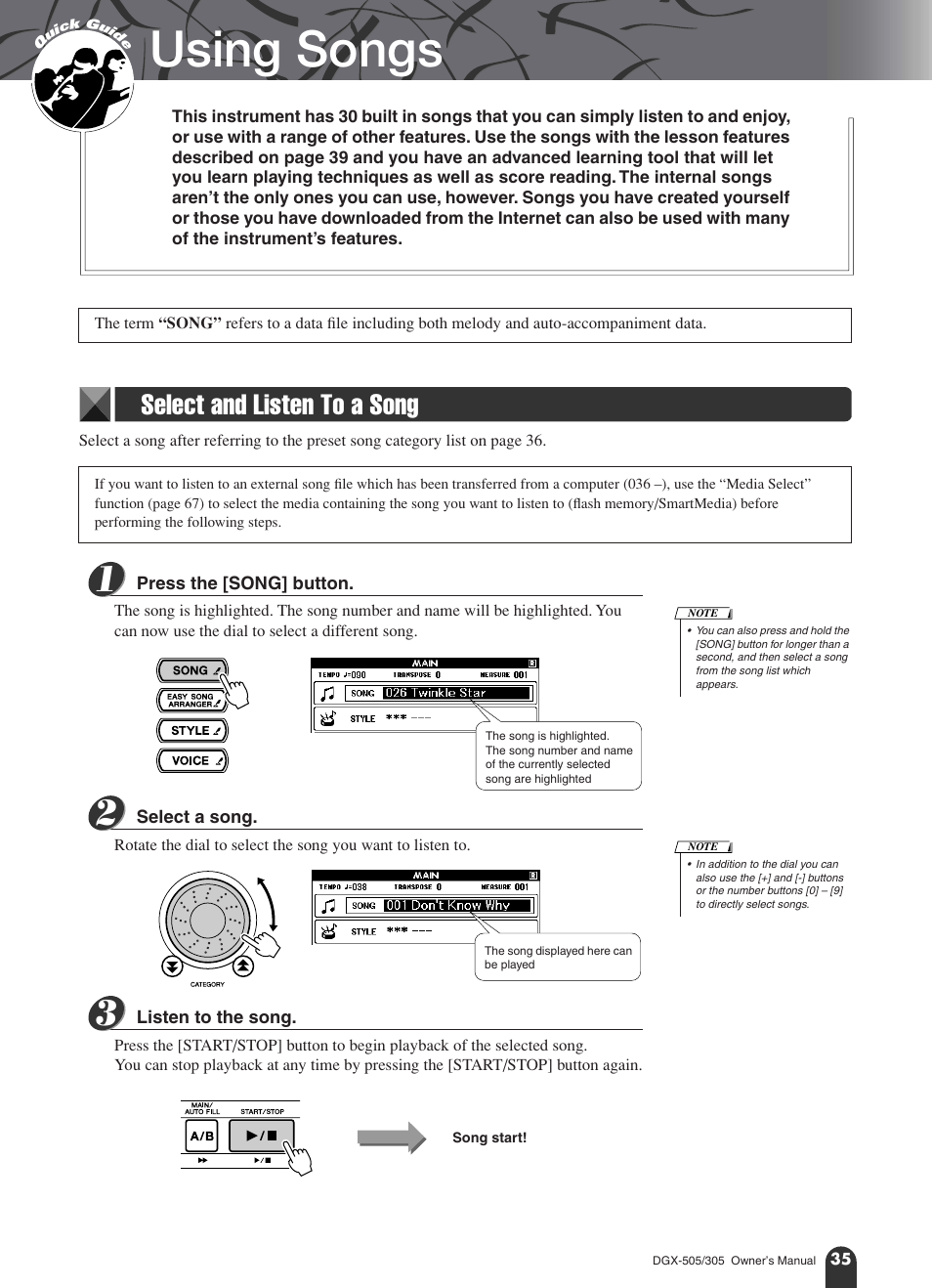 Using songs, Select and listen to a song | Yamaha DGX-305 User Manual | Page 35 / 112