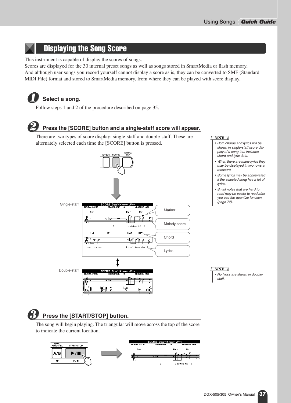 Displaying the song score | Yamaha DGX-305 User Manual | Page 37 / 112