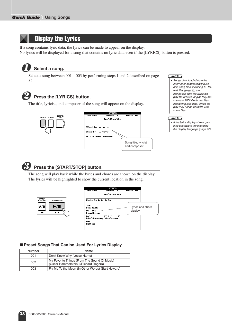 Display the lyrics | Yamaha DGX-305 User Manual | Page 38 / 112
