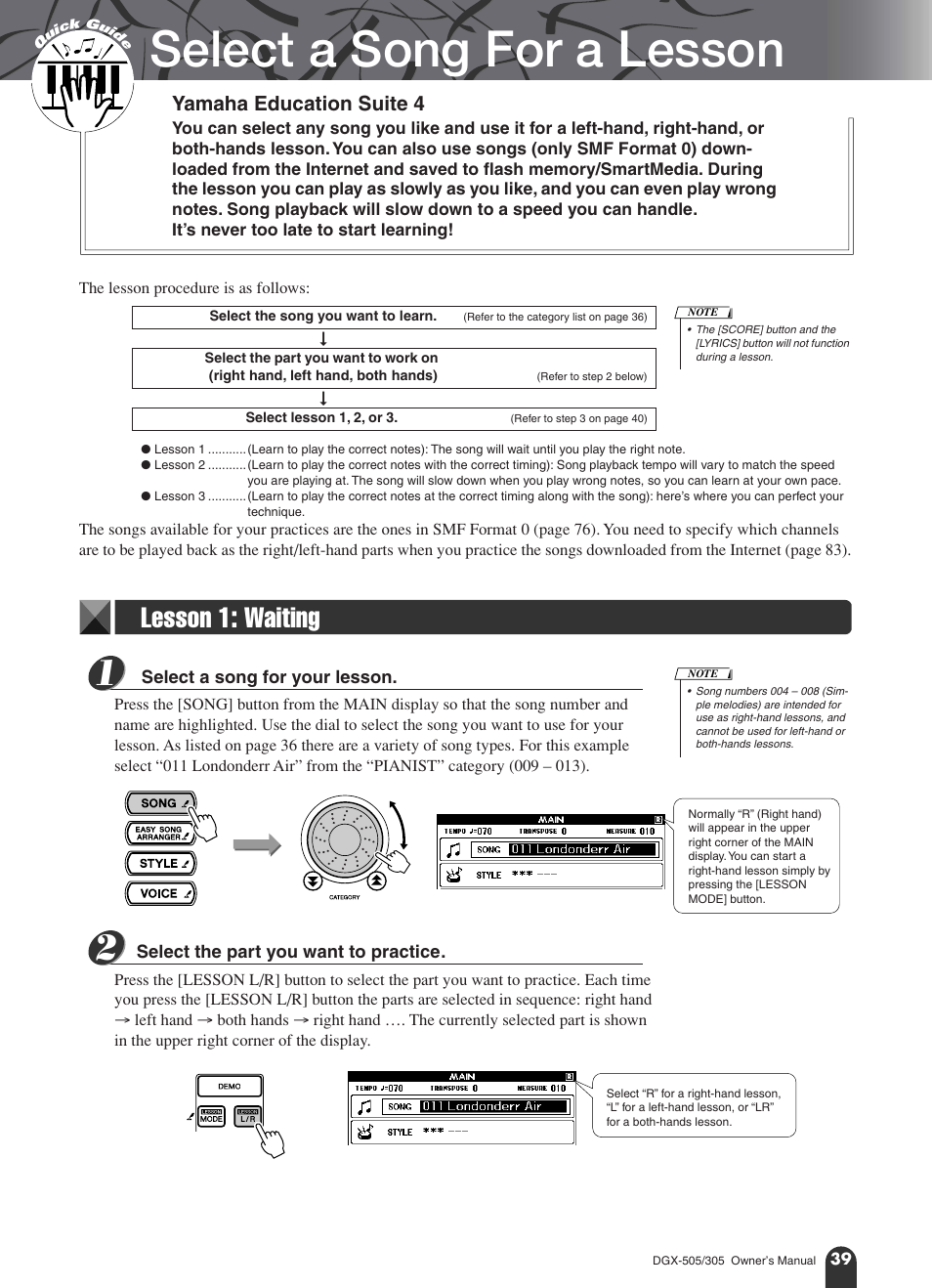 Select a song for a lesson, Lesson 1: waiting, Yamaha education suite 4 | Yamaha DGX-305 User Manual | Page 39 / 112