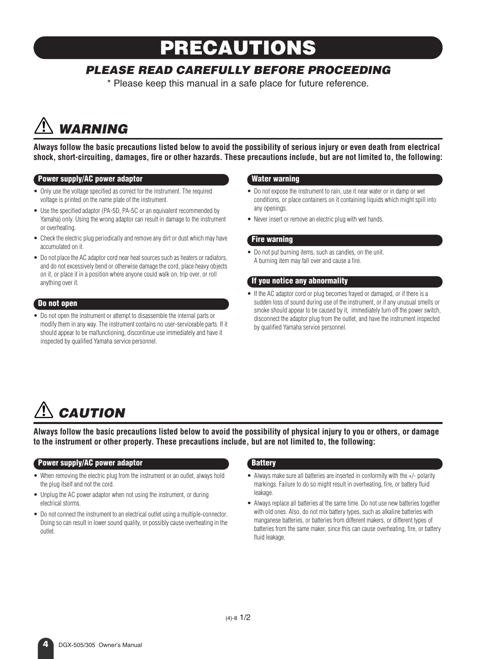 Precautions, Warning, Caution | Please read carefully before proceeding | Yamaha DGX-305 User Manual | Page 4 / 112