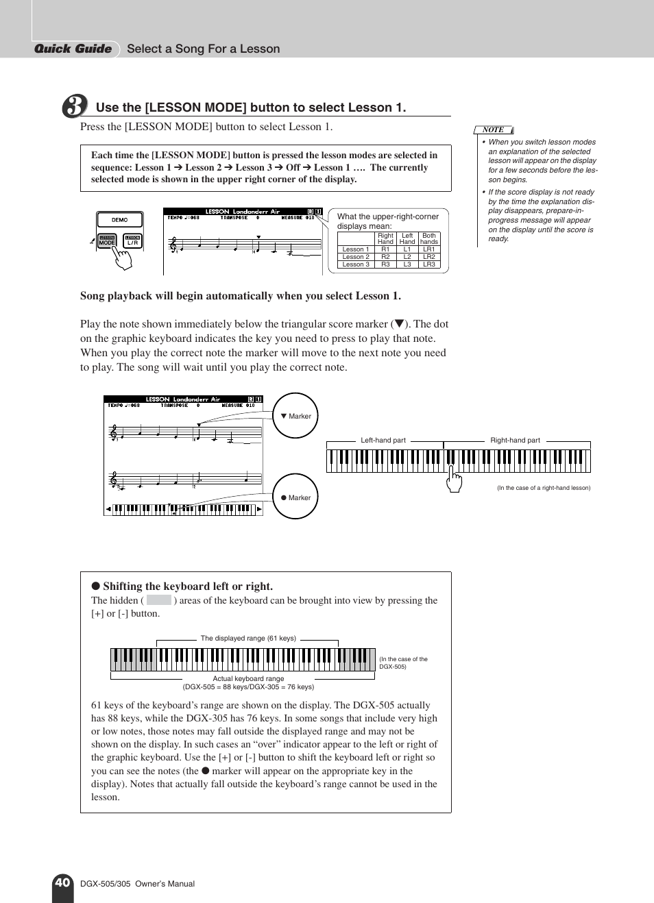 Use the [lesson mode] button to select lesson 1, Quick guide select a song for a lesson, Shifting the keyboard left or right | Yamaha DGX-305 User Manual | Page 40 / 112