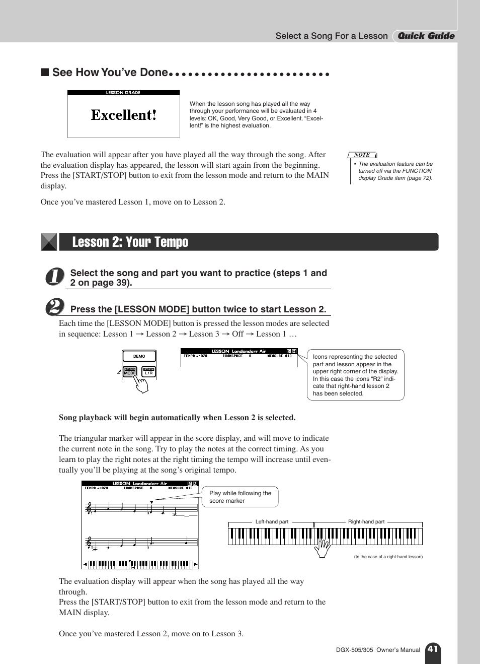 Lesson 2: your tempo, See how you’ve done | Yamaha DGX-305 User Manual | Page 41 / 112