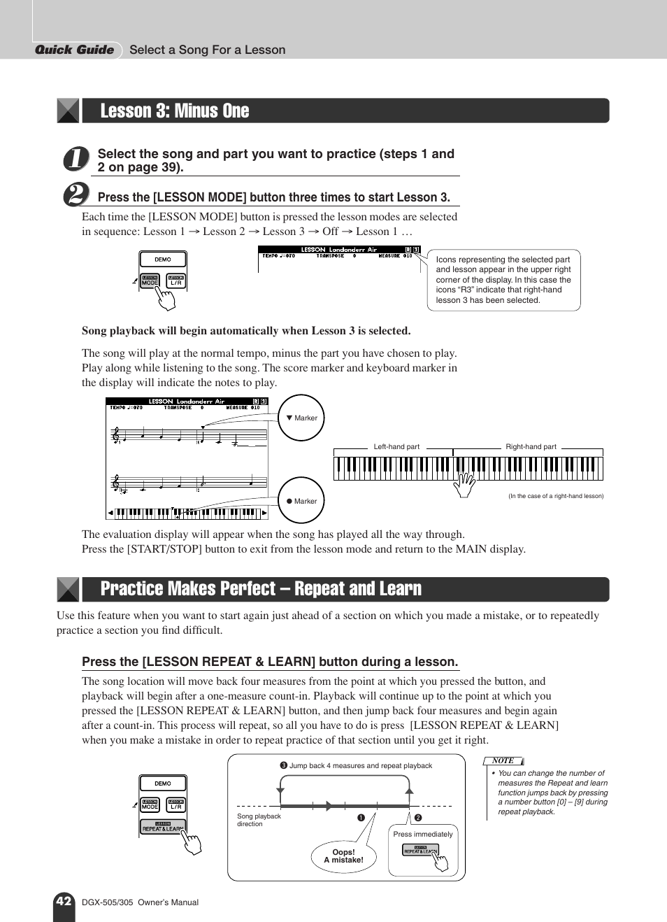 Lesson 3: minus one, Practice makes perfect - repeat and learn, Practice makes perfect – repeat and learn | Yamaha DGX-305 User Manual | Page 42 / 112