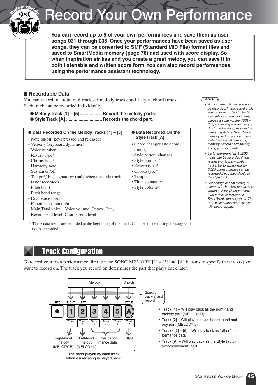Record your own performance, Track configuration | Yamaha DGX-305 User Manual | Page 45 / 112