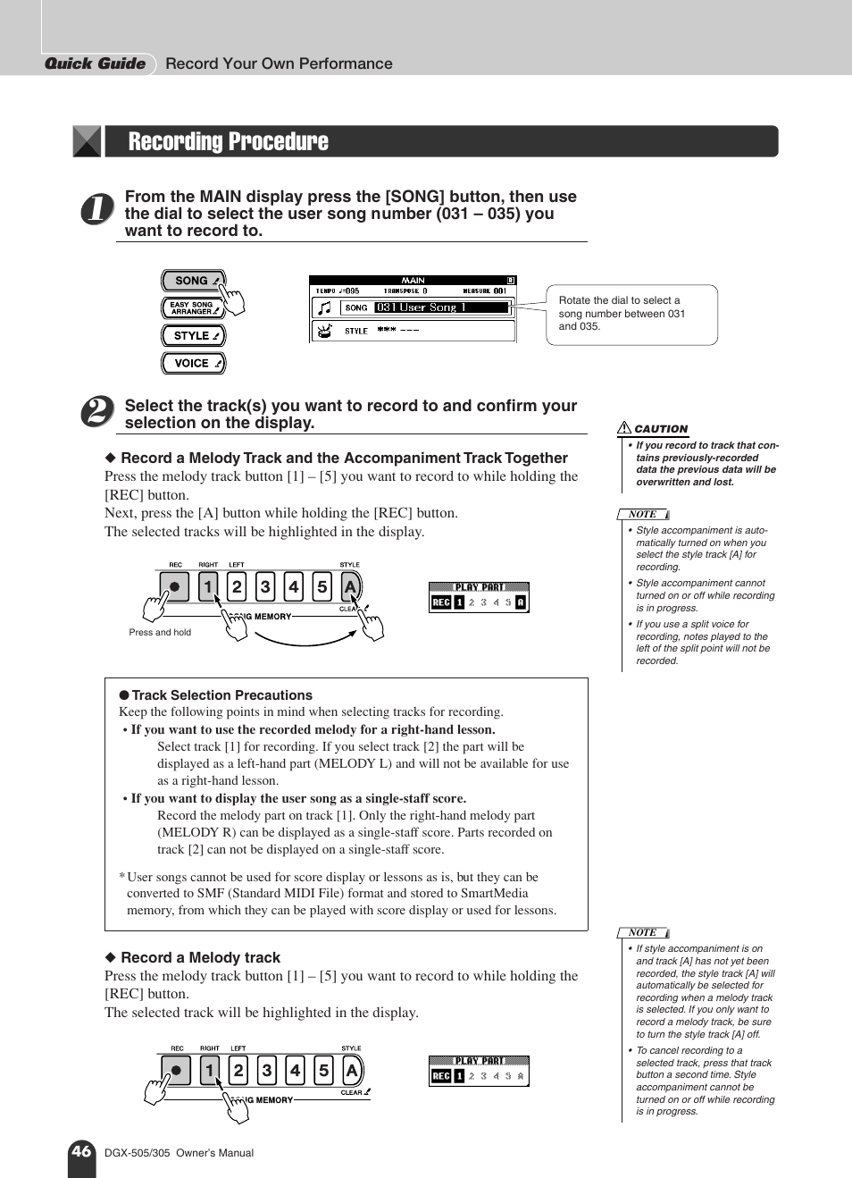 Recording procedure | Yamaha DGX-305 User Manual | Page 46 / 112