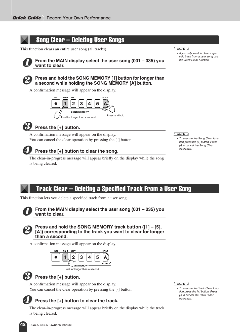 Song clear - deleting user songs, 48) function to delete unw, Song clear – deleting user songs | Yamaha DGX-305 User Manual | Page 48 / 112