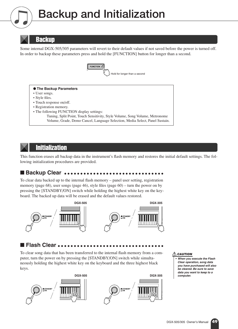 Backup and initialization, Backup, Initialization | Backup initialization, Backup clear, Flash clear | Yamaha DGX-305 User Manual | Page 49 / 112