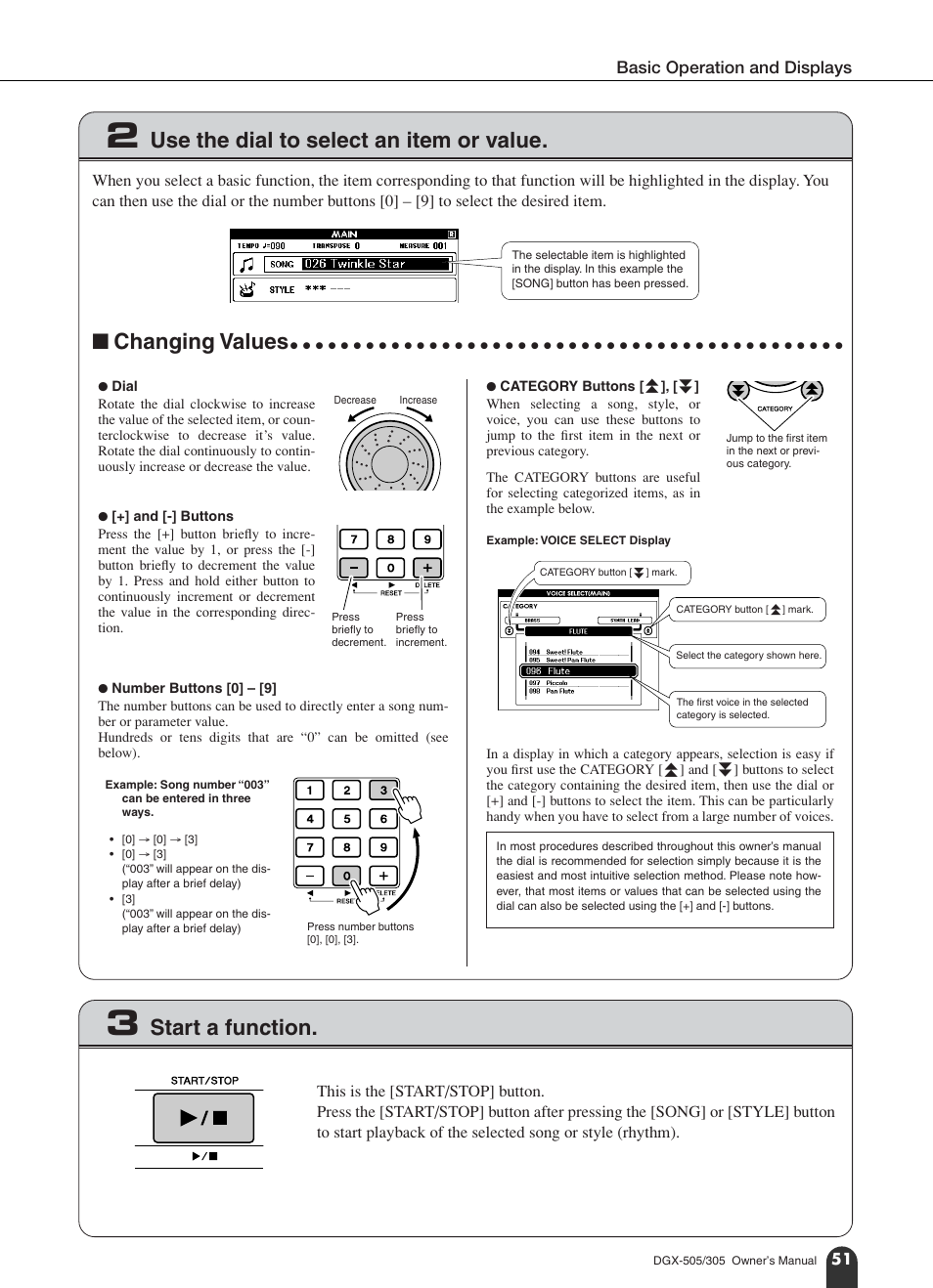 Use the dial to select an item or value, Changing values, Start a function | Yamaha DGX-305 User Manual | Page 51 / 112