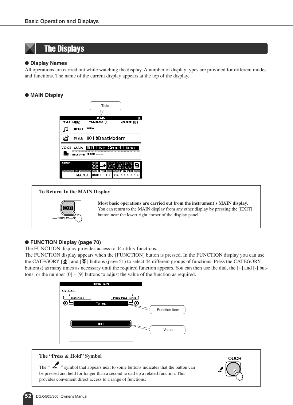 The displays | Yamaha DGX-305 User Manual | Page 52 / 112