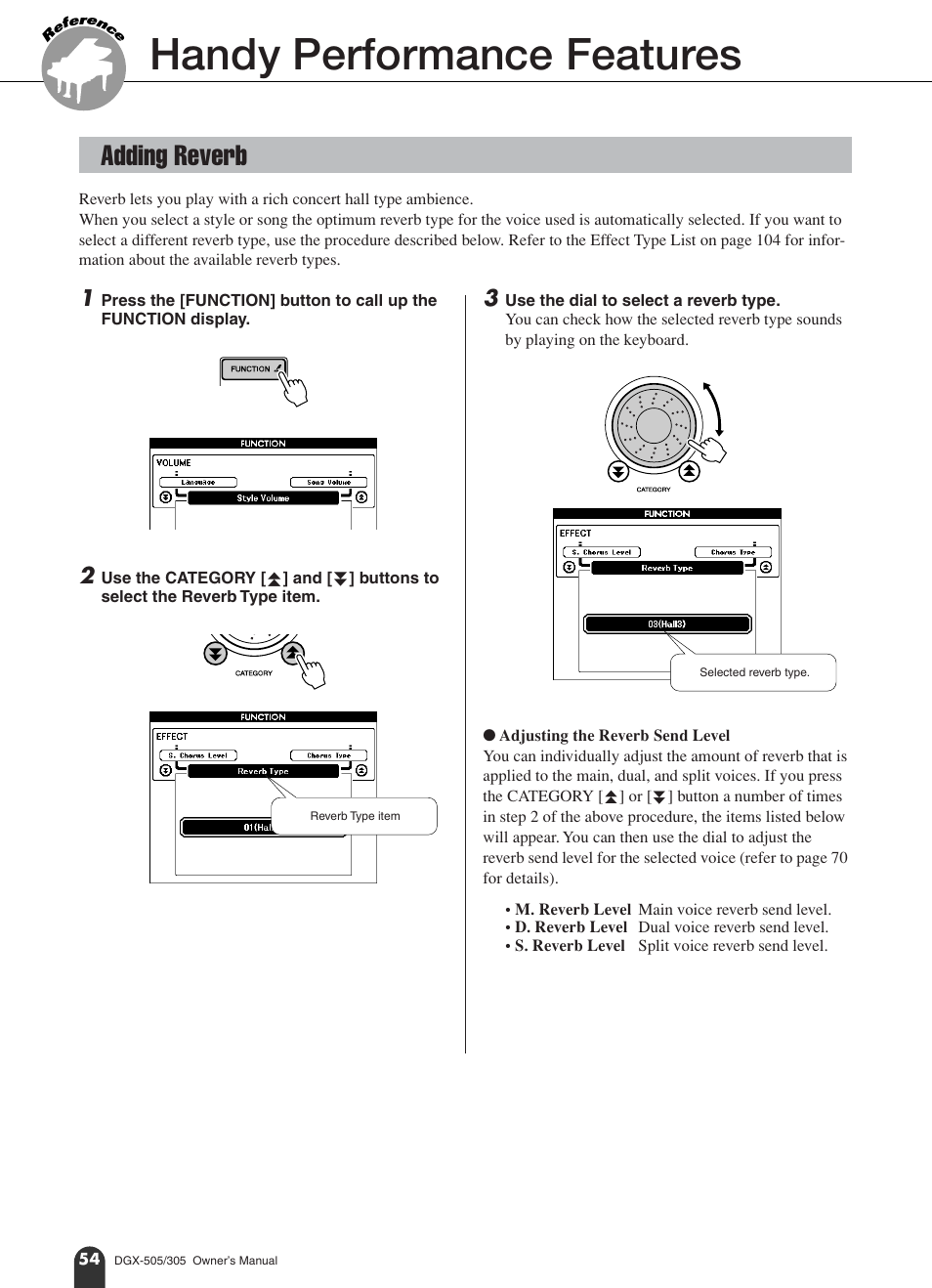 Reference, Handy performance features, Adding reverb | Yamaha DGX-305 User Manual | Page 54 / 112