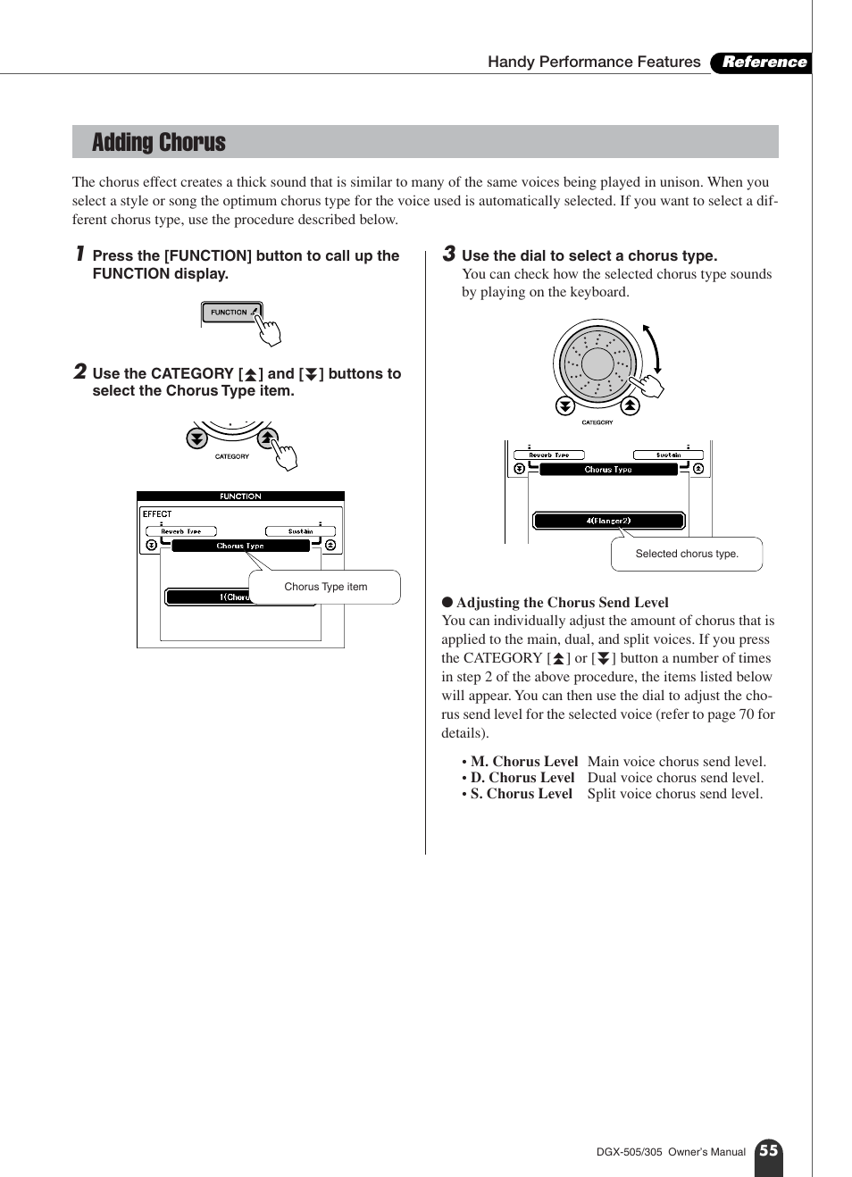 Adding chorus | Yamaha DGX-305 User Manual | Page 55 / 112