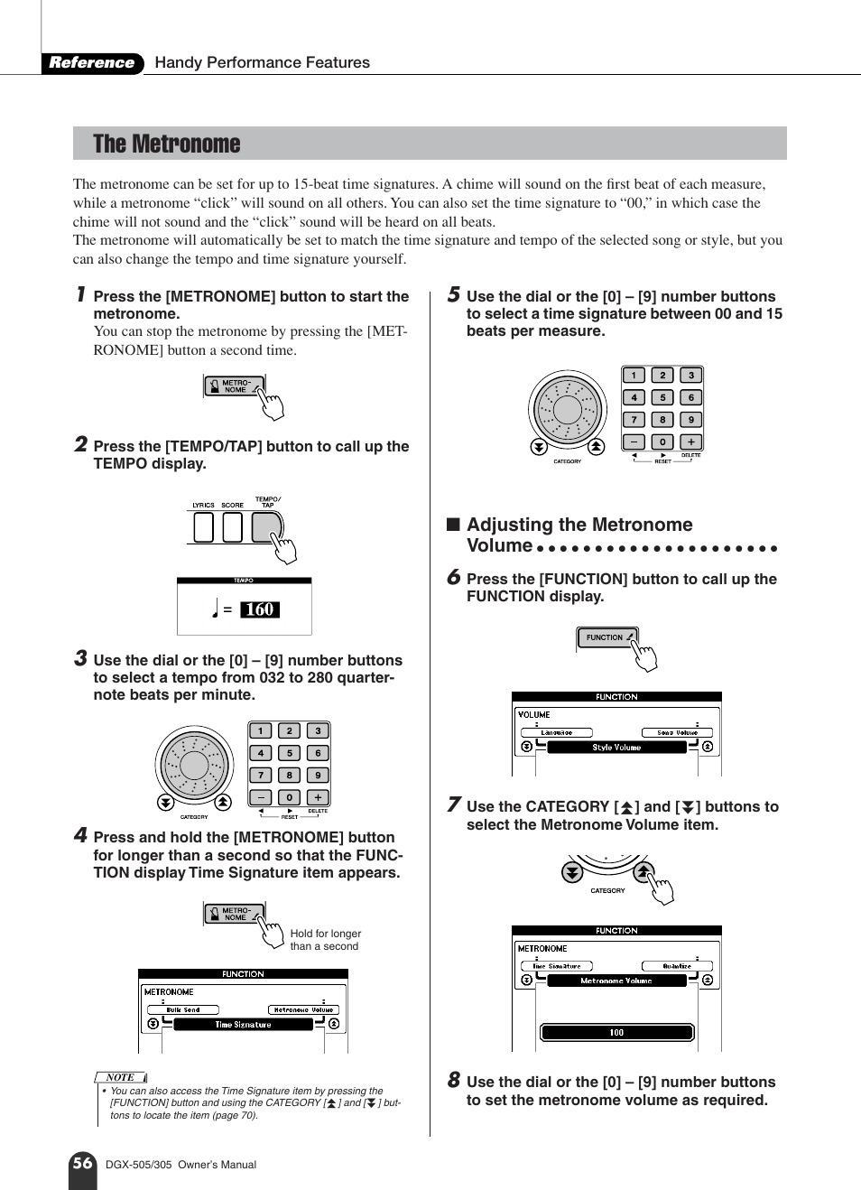 The metronome | Yamaha DGX-305 User Manual | Page 56 / 112