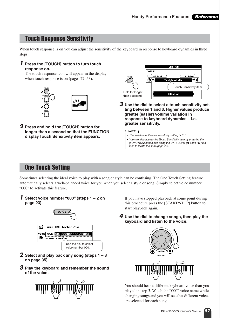 Touch response sensitivity, One touch setting, Touch response sensitivity one touch setting | Yamaha DGX-305 User Manual | Page 57 / 112