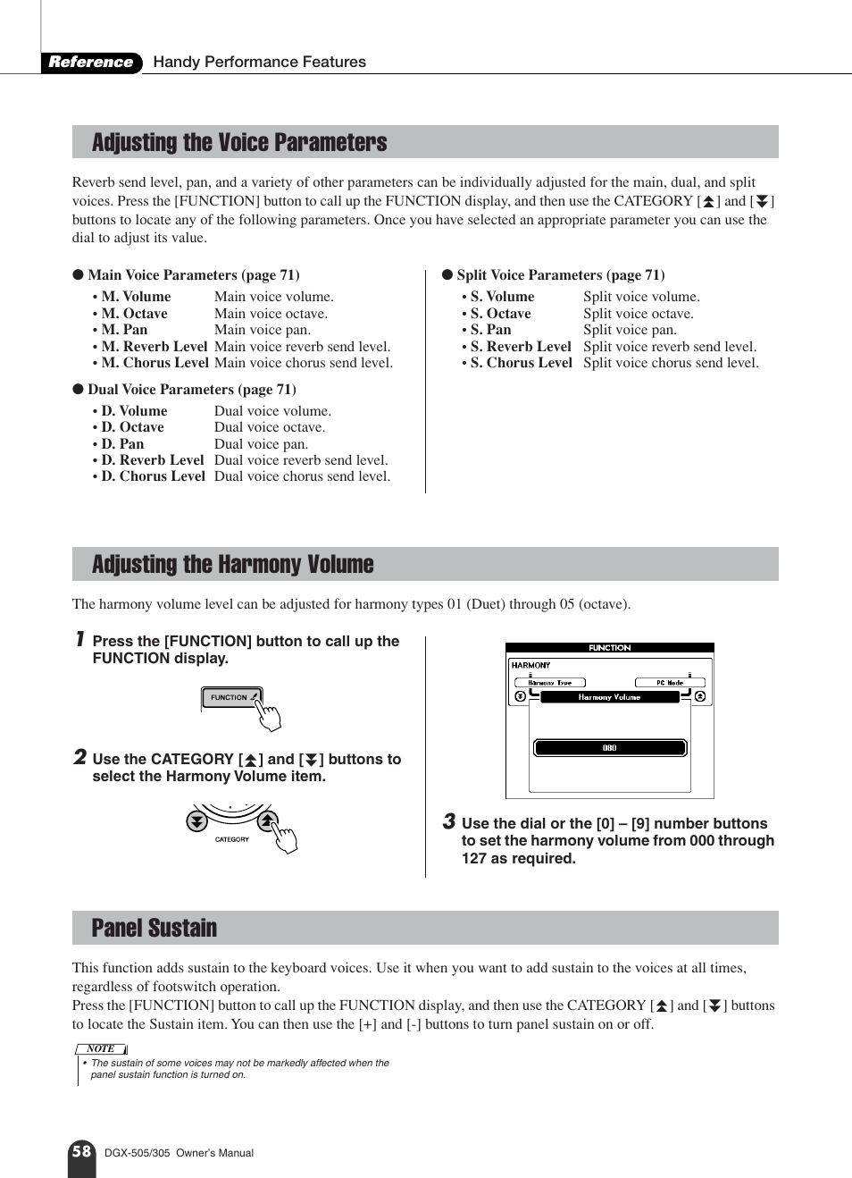 Adjusting the voice parameters, Adjusting the harmony volume, Panel sustain | Yamaha DGX-305 User Manual | Page 58 / 112