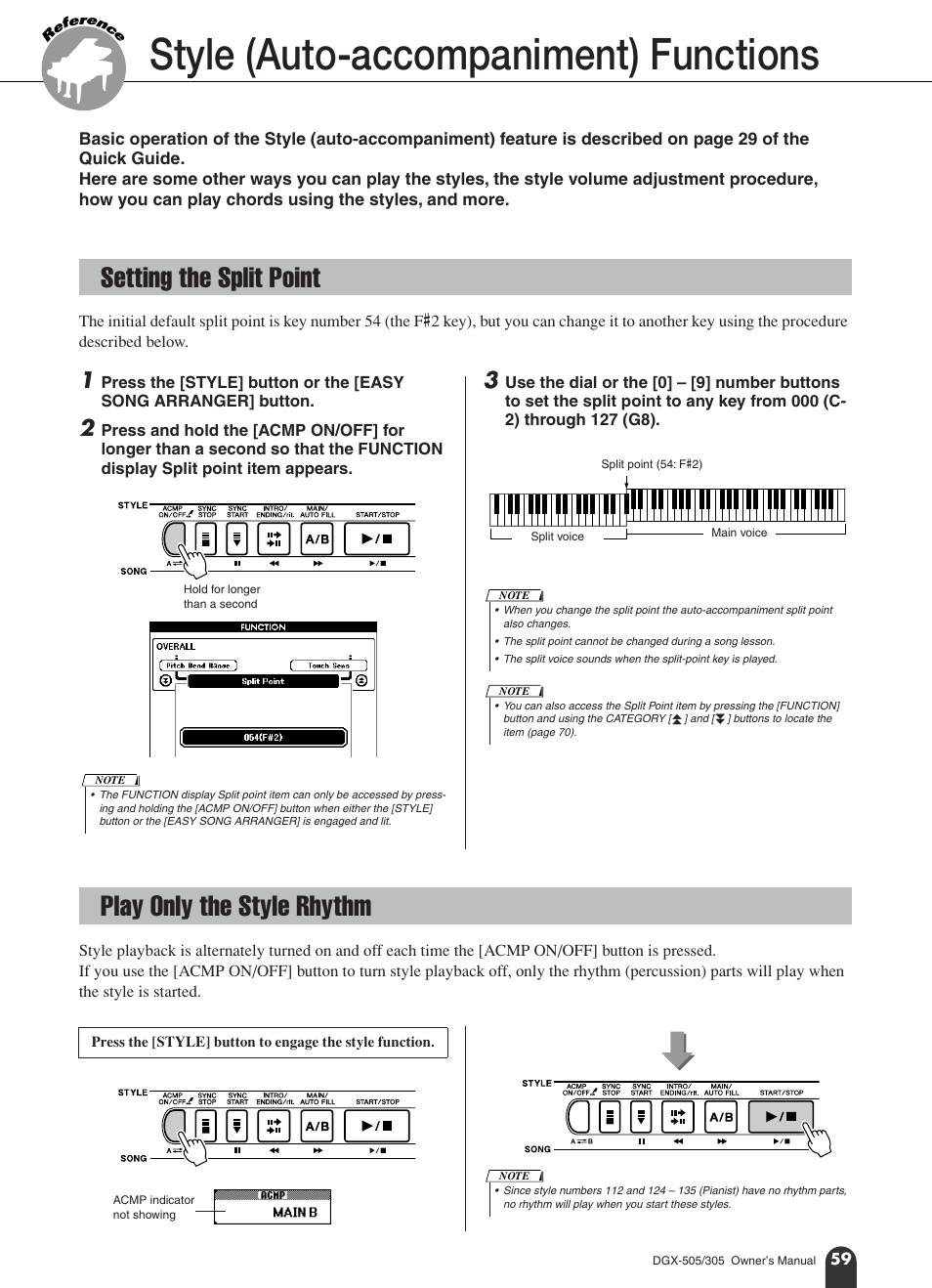 Style (auto-accompaniment) functions, Setting the split point, Play only the style rhythm | Setting the split point play only the style rhythm | Yamaha DGX-305 User Manual | Page 59 / 112