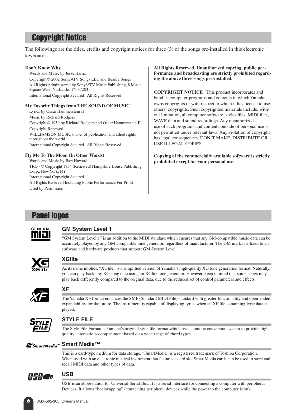 Copyright notice, Panel logos, Copyright notice panel logos | Yamaha DGX-305 User Manual | Page 6 / 112