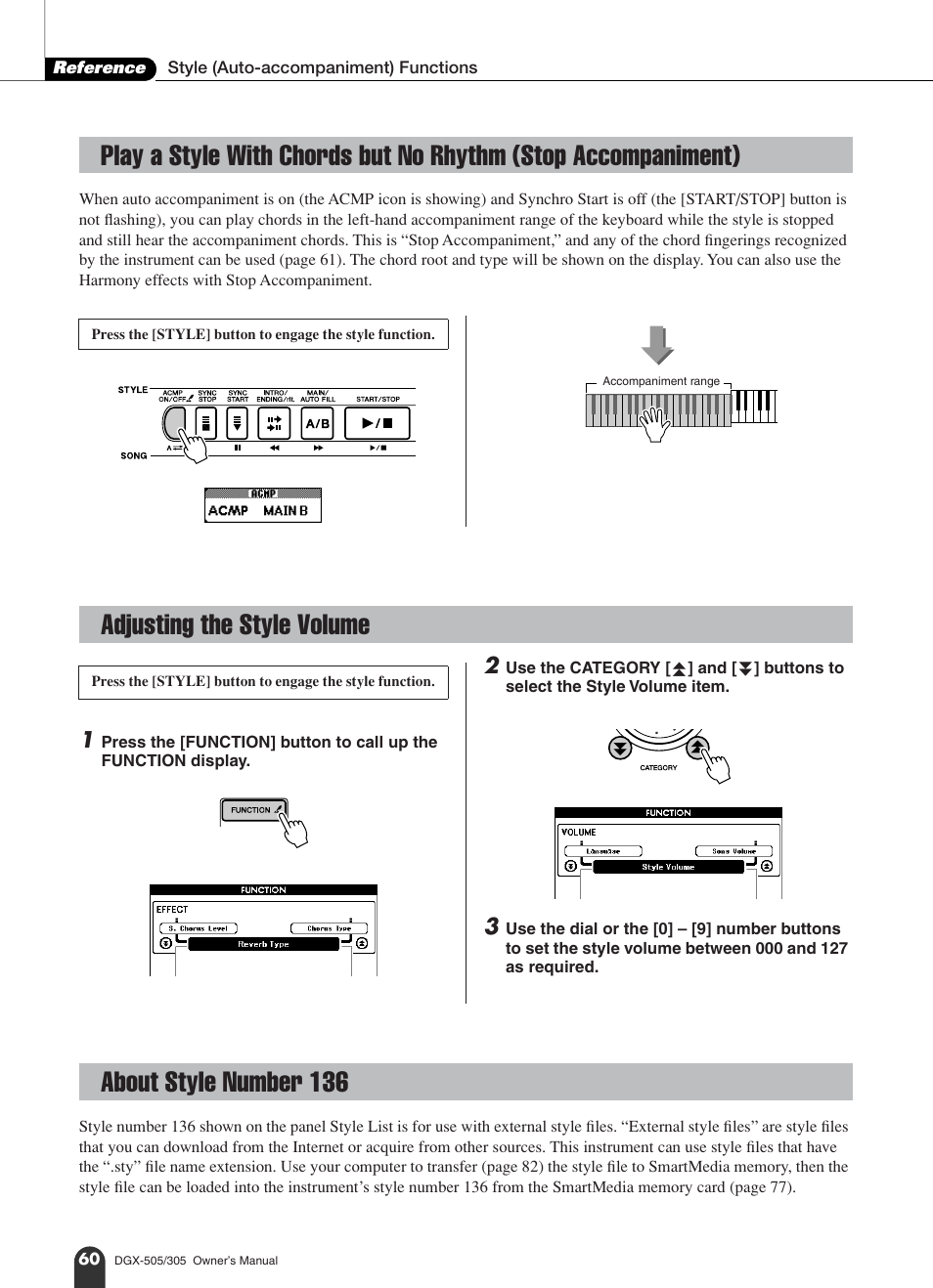 Adjusting the style volume, About style number 136, Play a style with chords but no rhythm | Stop accompaniment), Adjusting the style volume about style number 136 | Yamaha DGX-305 User Manual | Page 60 / 112