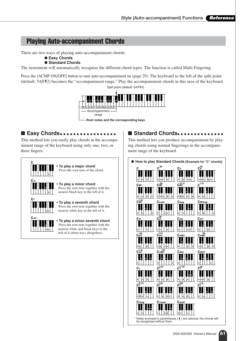 Playing auto-accompaniment chords, Easy chords, Standard chords | Style (auto-accompaniment) functions reference, Easy chords ● standard chords, How to play standard chords | Yamaha DGX-305 User Manual | Page 61 / 112