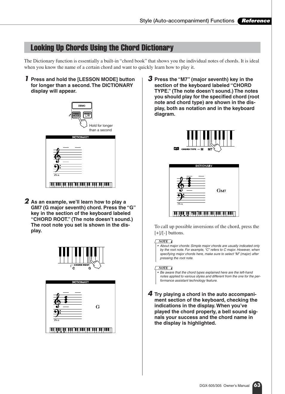 Looking up chords using the chord dictionary | Yamaha DGX-305 User Manual | Page 63 / 112