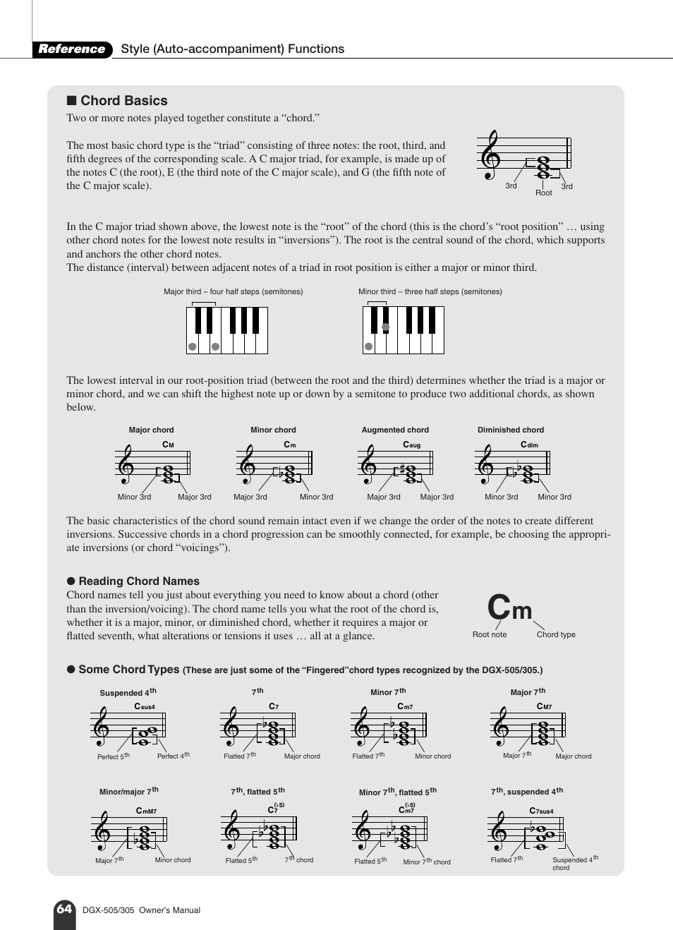 Chord basics, Reference style (auto-accompaniment) functions | Yamaha DGX-305 User Manual | Page 64 / 112