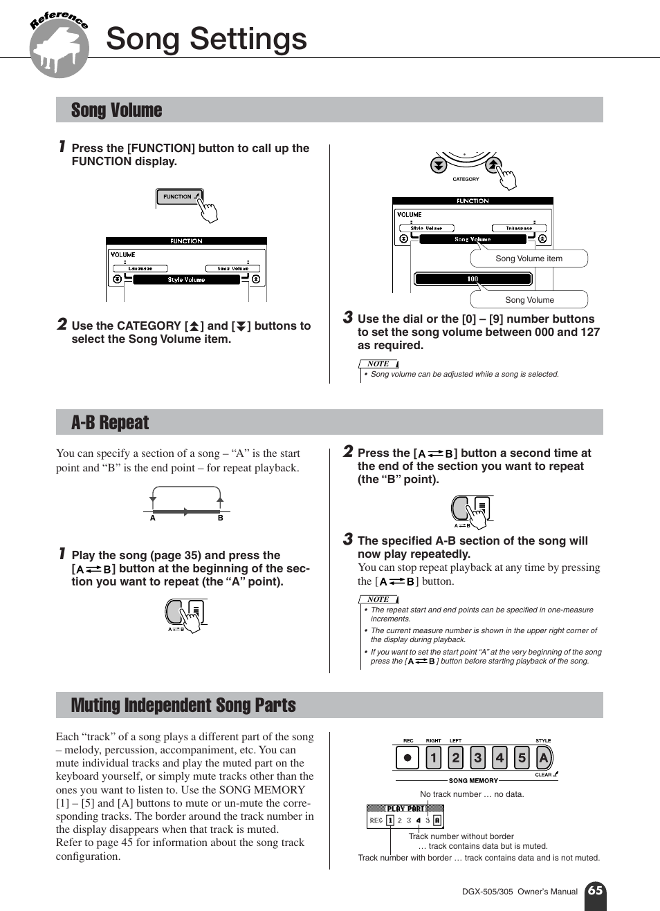 Song settings, Song volume, A-b repeat | Muting independent song parts | Yamaha DGX-305 User Manual | Page 65 / 112