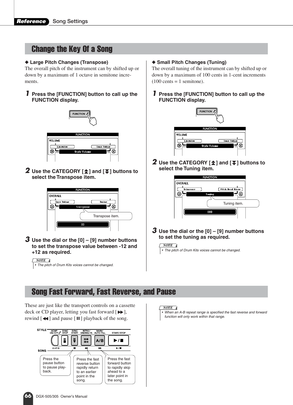 Change the key of a song, Song fast forward, fast reverse, and pause | Yamaha DGX-305 User Manual | Page 66 / 112