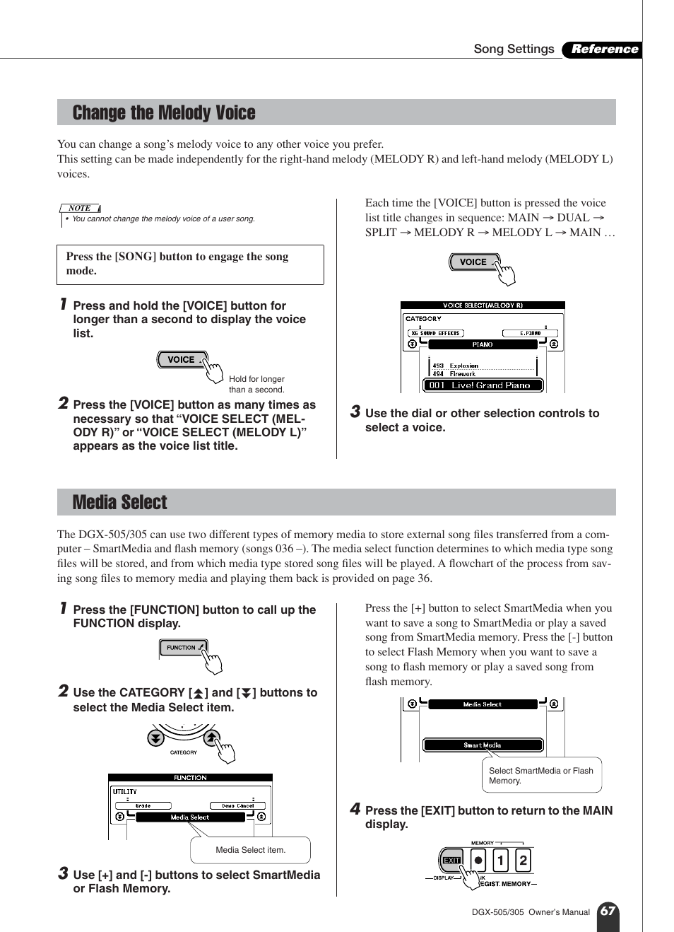 Change the melody voice, Media select, Change the melody voice media select | Yamaha DGX-305 User Manual | Page 67 / 112