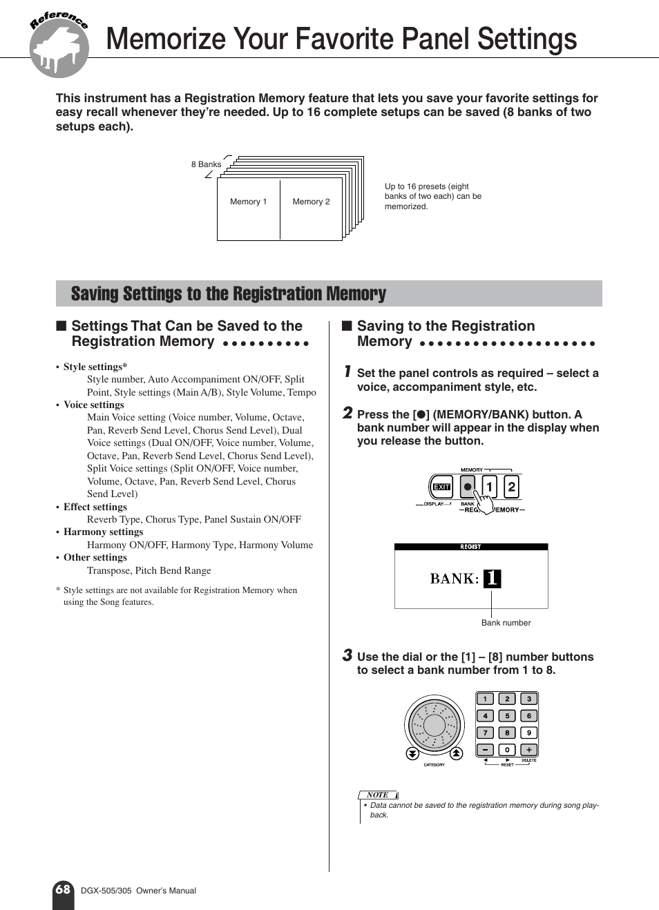 Memorize your favorite panel settings, Saving settings to the registration memory | Yamaha DGX-305 User Manual | Page 68 / 112