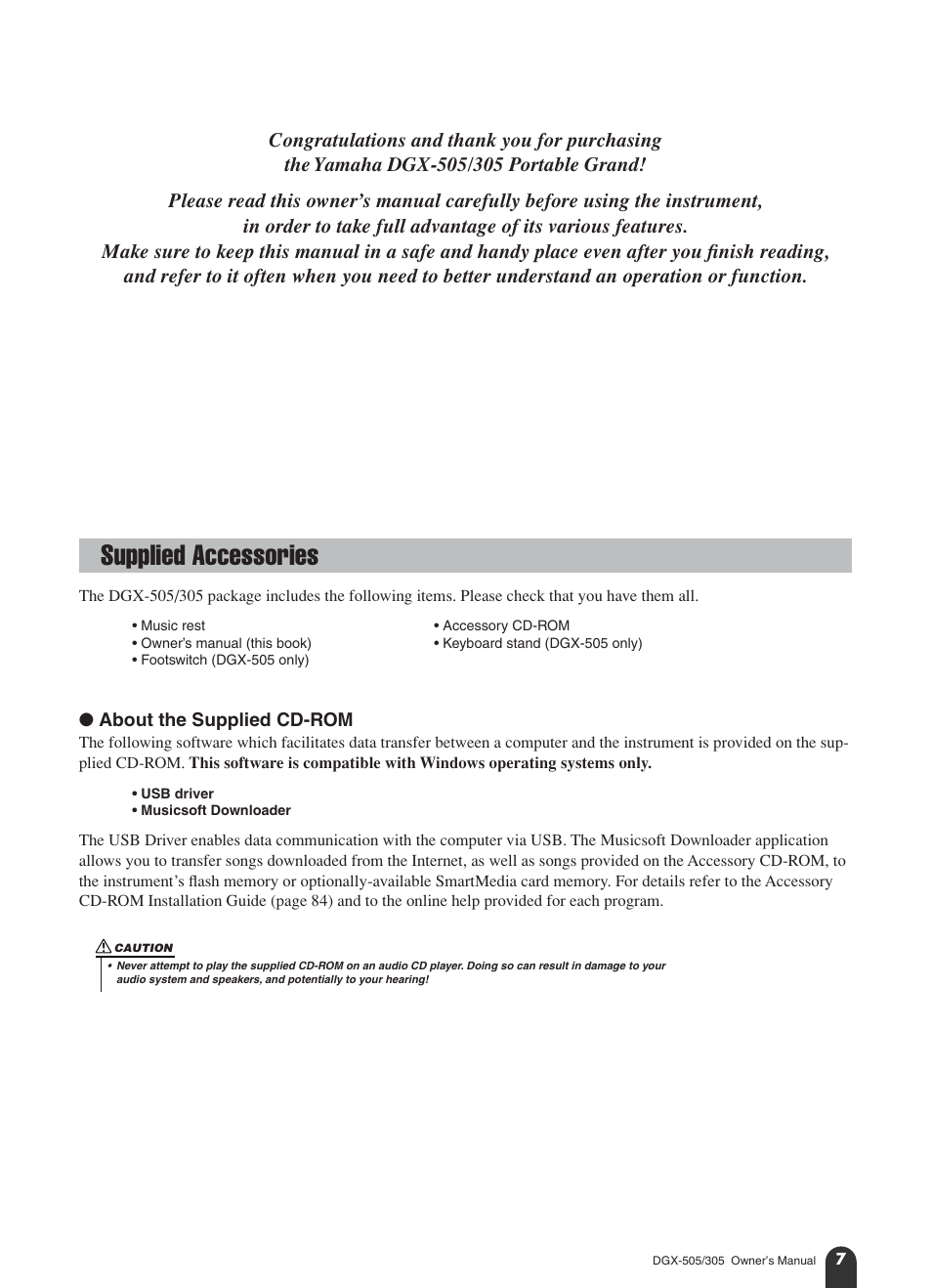Supplied accessories | Yamaha DGX-305 User Manual | Page 7 / 112