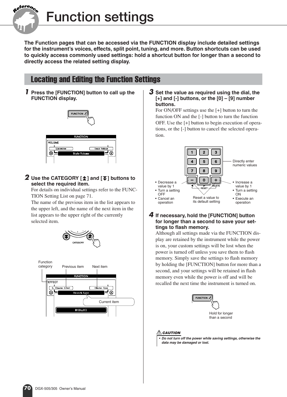 Function settings, Locating and editing the function settings | Yamaha DGX-305 User Manual | Page 70 / 112