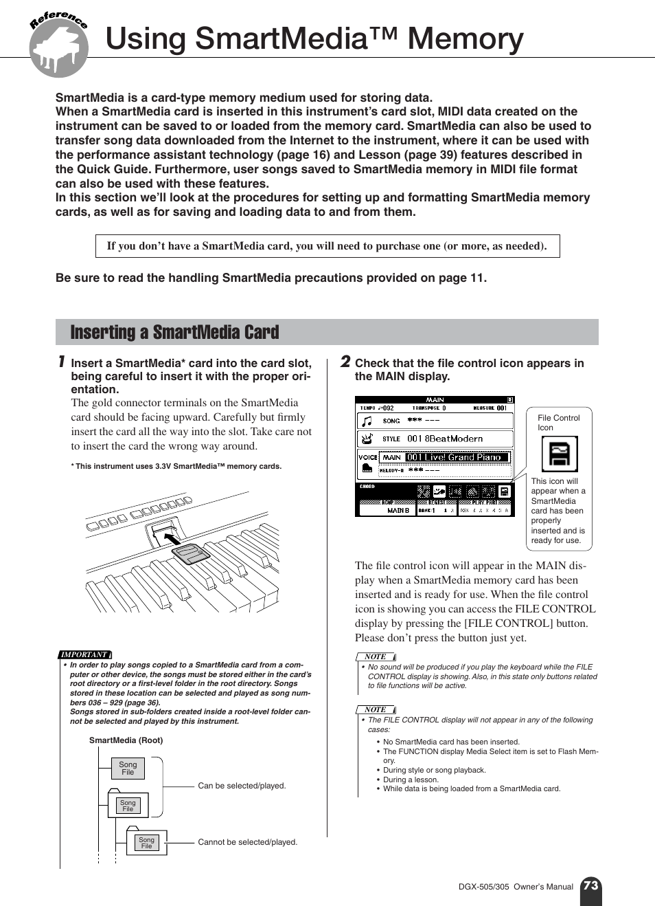 Using smartmedia™ memory, Inserting a smartmedia card | Yamaha DGX-305 User Manual | Page 73 / 112