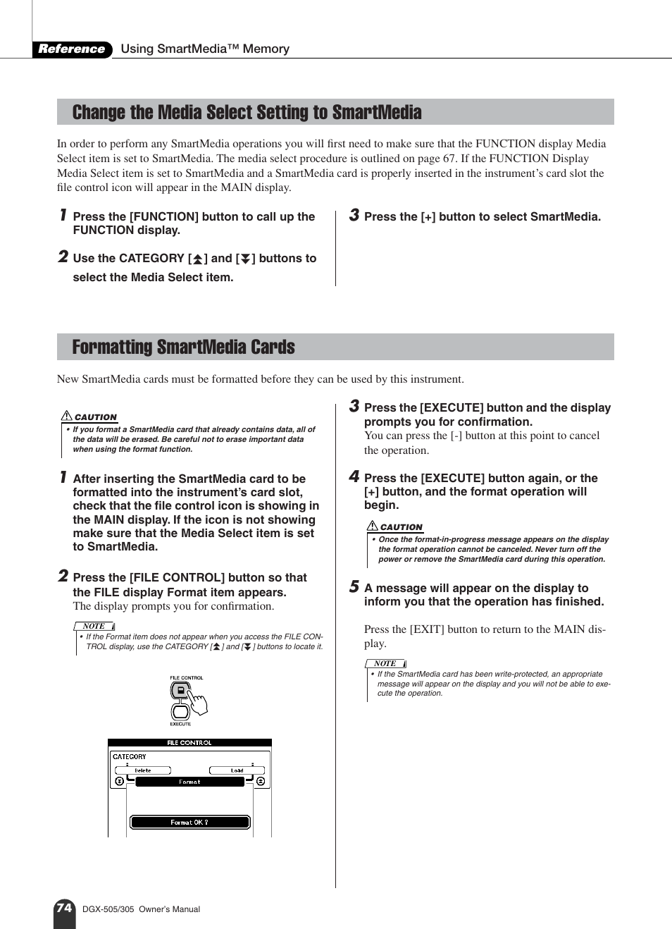 Change the media select setting to smartmedia, Formatting smartmedia cards | Yamaha DGX-305 User Manual | Page 74 / 112